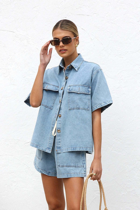 'Elowen' Button Up Denim Top & Shorts Set - Celes Fashion